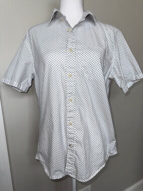 GAP White Short-Sleeve Button-Up Shirt Navy Micro Print Standard Fit Stretch